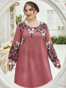 Vestido largo de poliéster de talla grande para mujer con cuello redondo y hermoso estampado de borde floral - Rosado Sandía - Ver 4