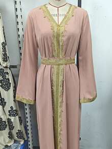 Rochie de damă, cu decolteu în V, cu centură de culoare contrastantă, cu mânecă lungă, în stil arab - Roz - Vizualizare 1