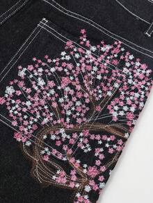 Men Six-Point Shorts Retro Cherry Blossom Embroidered Loose Wide-Leg Denim Jeans With Fake Pockets In Back - Black - View 8
