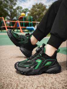 Kids Shoes, Black Mesh Low-Top Boys Shoes, Anti-Collision Toe Design, Fashionable Rotary Button, Unisex Campus Street Casual Sports, Suitable For Christmas, Halloween, New Year And Other Holidays - Black - View 3