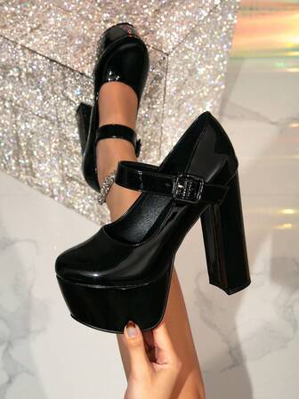 1 Pair Solid Color Basic Thick Sole High Heel Pumps, Outdoor Low Vamp Chunky Heel Super High Heels For Women