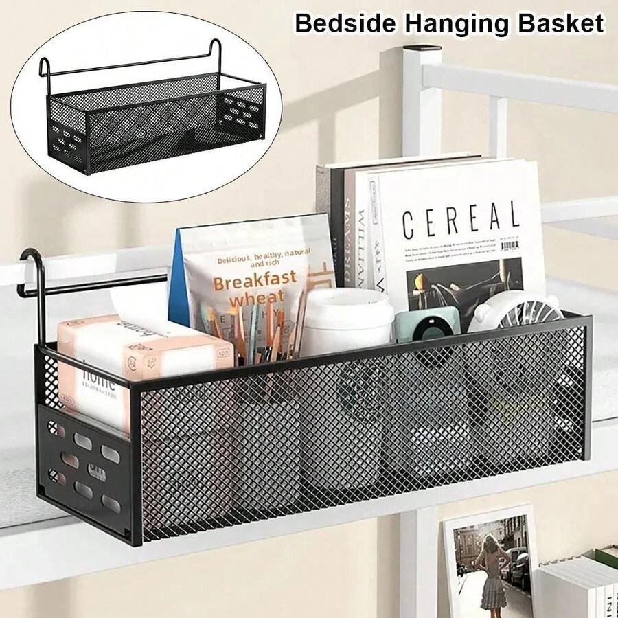 1Pc Iron Bedside Hanging Basket Bed Storage Rack Upper Bunk Hanging Bedside Space Saving Punch-Free Storage Rack Bedside Shelf For Dormitory Home - Multicolor - View 1