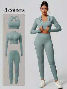 NcmRyu 3件套女士无缝修身立领双面拉链罗纹运动文胸、运动裤、长袖外套套装 - 薄荷藍 - 查看 1