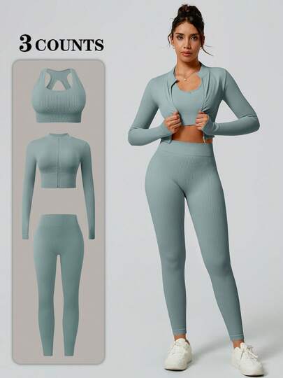 NcmRyu 3pcs Women Seamless Fitted Stand Collar Reversible Zipper Ribbed Sports Bra, Pants, Long Sleeve Jacket Set