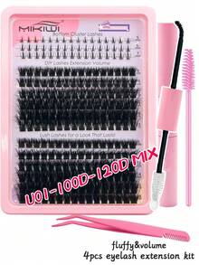 276Pcs D Curl Lash Clusters DIY Kit With Bottom Lashes, Bond, Seal, Tweezers, Brush. Mixed Length 60D-120D Individual False Lashes, Fluffy, Wispy, Soft, Lightweight, Reusable, Easy Apply, Beginner Friendly, Daily Party Wedding Makeup - 黑色 - 查看 10