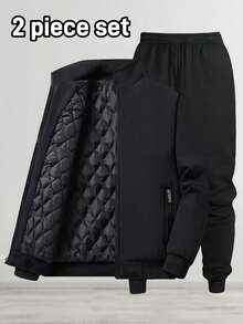 Set bărbătesc de 2 bucăți, la modă, pentru toamnă/iarnă, include jachetă caldă, îngroșată, cu guler înalt și pantaloni de trening căptușiți termic, potriviți ca și cadou pentru bărbați - Negru - Vizualizare 1