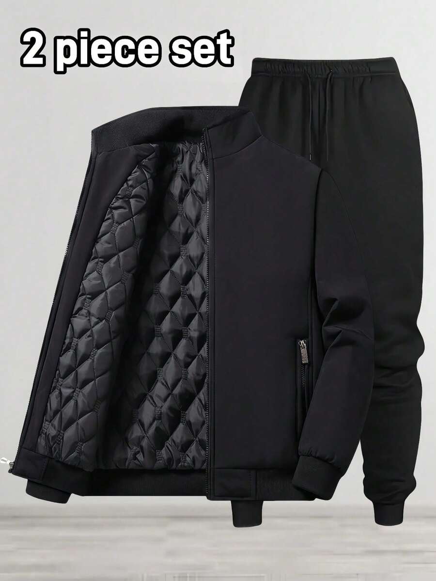 Set bărbătesc de 2 bucăți, la modă, pentru toamnă/iarnă, include jachetă caldă, îngroșată, cu guler înalt și pantaloni de trening căptușiți termic, potriviți ca și cadou pentru bărbați - Negru - Vizualizare 1