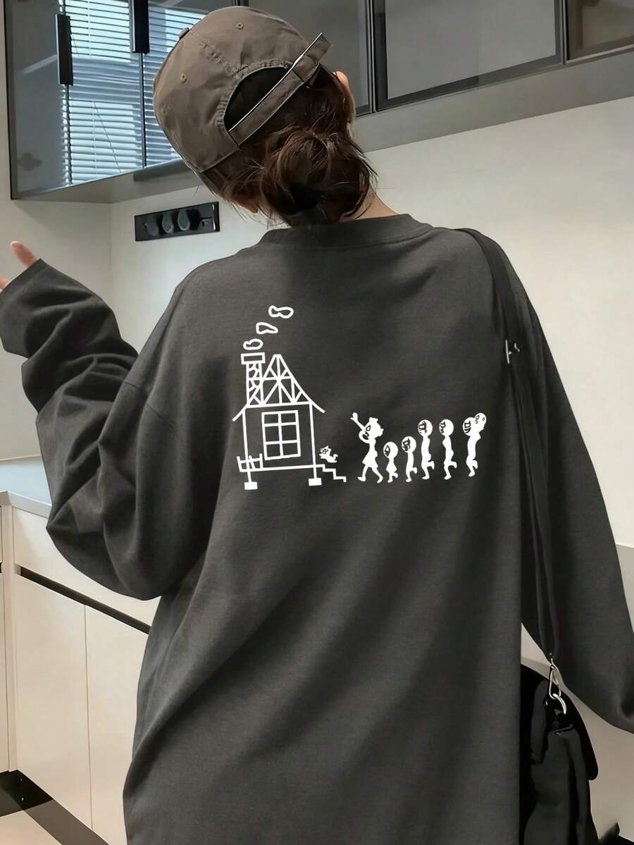 女士宽松卡通印花长袖T恤，适合春秋季休闲穿着 - 深灰色 - 查看 1