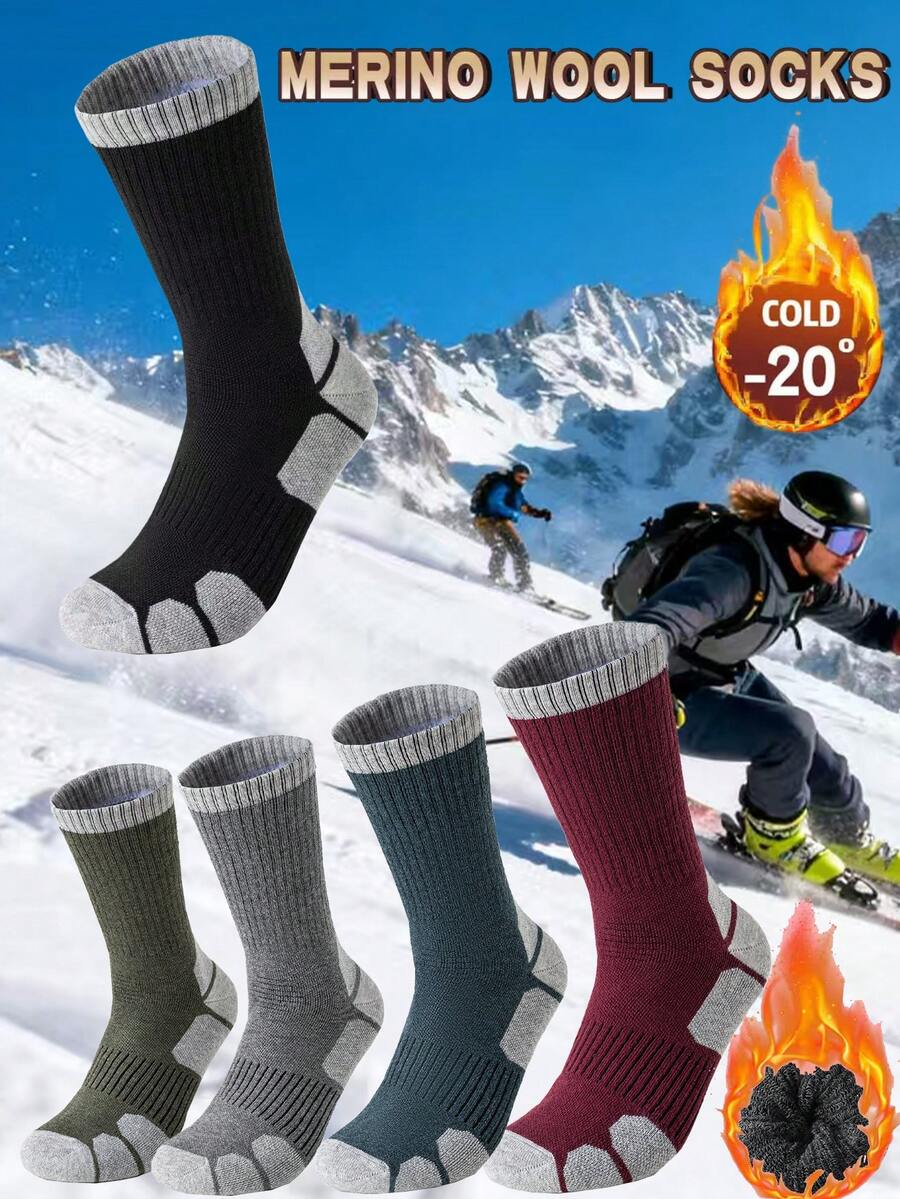 1/3 Pairs Men's Thick Thermal Lined Sports Mid-Calf Sports Socks, Autumn/Winter Thermal Hiking Skiing Running Crew Socks, Extra Long Thick Warm Winter Snow Socks, Cozy Socks - Multicolor - View 1