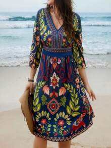 Plus Size Boho Print V Neck Midi Dress With Three Quarter Kimono Sleeves A Line Flared Hem For Summer Vacation Spring Elegant - Royal Blue - View 5