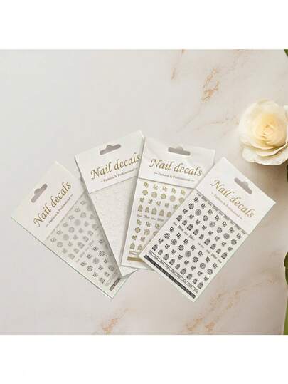 4pcs Nail Stickers With Bow Design, 3D Nail Stickers In Luxurious European & American Style, Multi-Piece Set With Self-Adhesive Design For Easy And Secure Application, Delicate Bow Elements Paired With Metallic Lines, Glitters, Pearls, And Transparent Gel Polish Colors To Create Elegant Nail Art