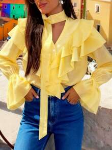 Damen neue V-Ausschnitt Knopf Mehrschicht Volant Schleife transparente elegante Mode Lässig Bluse, geeignet für Herbst/Winter - Gelb - Übersicht 1