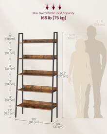 5 Tier Narrow Ladder Shelf For Home Office, Living Room, Bedroom, Kitchen, Industrial, Rustic Brown And Ink Black - Brown - View 5