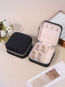 1个天鹅绒首饰盒，方形拉链首饰收纳盒，便携式旅行首饰盒，优雅首饰整理盒，可存放戒指、耳环、项链、口红和其他迷你化妆工具，天鹅绒外层，方便旅行和居家首饰收纳，也是开学季的必备品。 - 彩色 - 查看 8
