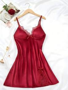 韩版丝绒蕾丝蝴蝶结吊带裙，浪漫深V侧开衩睡袍，女士睡衣连衣裙 - 酒紅色 - 查看 5