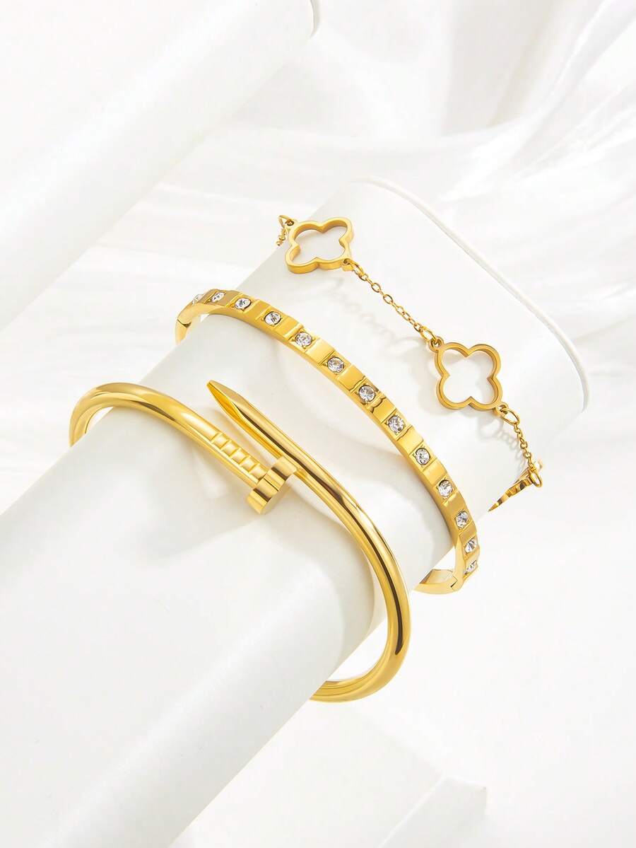 Bộ 3 vòng tay thép không gỉ sang trọng, khảm đá giả - Thiết kế chuỗi liên kết thanh lịch, Khóa có thể điều chỉnh, Bề mặt mạ vàng 18K, Thích hợp để đeo hàng ngày và làm phụ kiện dự tiệc, Trang sức dự tiệc | Vòng tay thanh lịch | Khóa có thể điều chỉnh - Ngôi sao - Xem 1