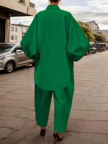 女士优雅春夏时尚简约纯色短袖衬衫和长裤两件套，适合休闲、日常和通勤穿着。 - 綠色 - 查看 3