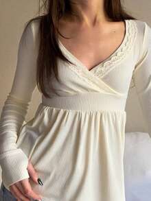 Women Y2k Fall Babydoll Tops Fairy Grunge Casual Solid Color Long Sleeve V Neck Ruffle Hem T Shirts Peplum Tops Pullover Aesthetic Clothes 90s Streetwear - 白色 - 查看 2