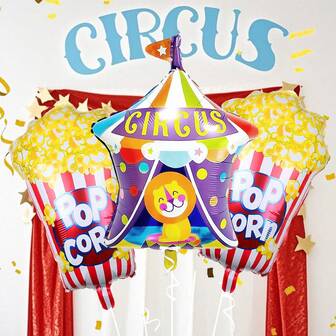 3 st/set karnevalsballongset, inkluderar popcorn- och lejoncirkusformade folieballonger, lämpliga för filmfestdekor, karneval, bakgrundsdekor med cirkusföreställning, födelsedagsfest, Mardi Gras-temadekor