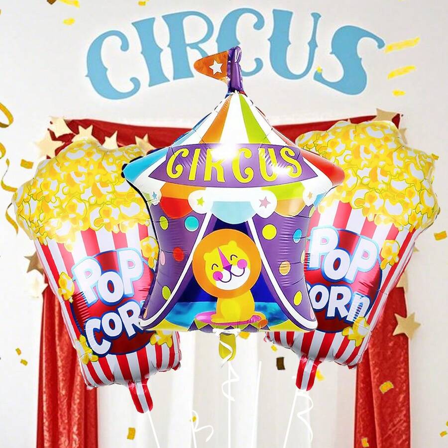 3件套嘉年华气球套装，包含爆米花和狮子马戏团舞台造型铝箔气球，适用于电影派对装饰、嘉年华、马戏表演背景装饰、生日派对、狂欢节主题装饰 - 彩色 - 查看 1