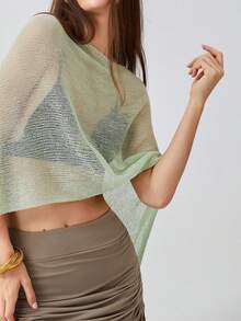 Women Sheer Poncho Top Lightweight Knit Crochet Shrug Bolero Mesh Batwing Sleeve Sweater Cover Up Beachwear - 綠色 - 查看 4