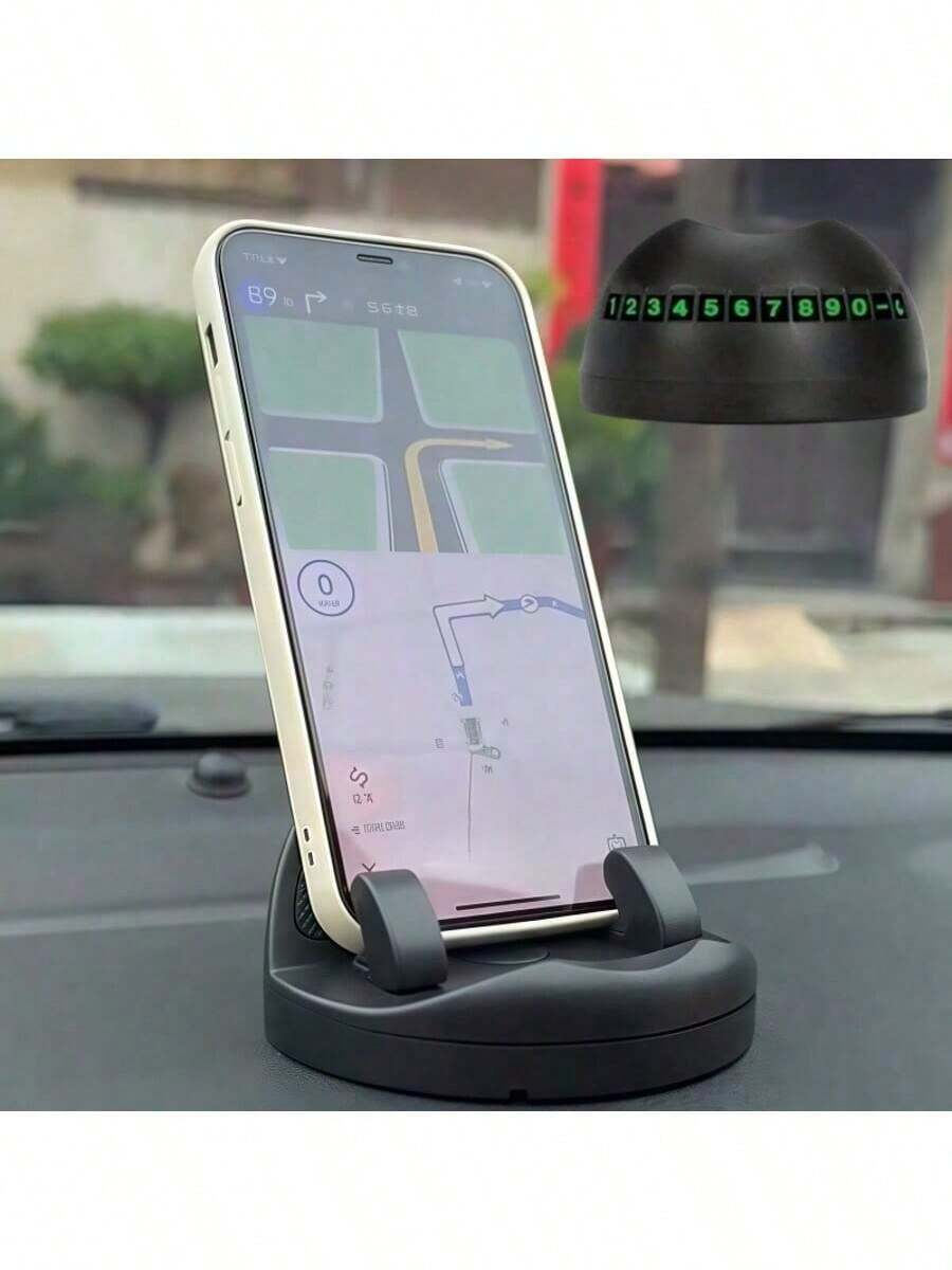 Black Car Phone Holder With Parking Number Plate, Multi-Functional. It Can Be Used As A 360-Degree Rotatable Dashboard Phone Holder For Convenient Navigation Adjustment. The Number Plate Also Has A Luminous Function, Making It Easy To Use As A Removable Parking Plate. It Is Widely Compatible With Various Vehicles, And The Illuminated License Plate Is A Great Highlight.