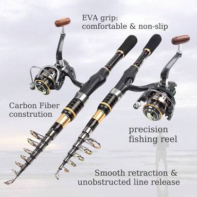 Caña de pescar telescópica ultracompacta con carrete, adecuada para embalses, lagos, aguas marinas y otros cuerpos de agua, para capturar peces grandes como carpas, carpas herbívoras y bagres