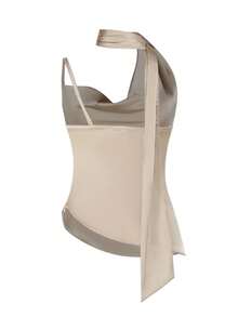 WOWDARK 女士夏季上衣，纯色，时尚性感高领，不对称下摆，缎面吊带休闲衬衫，适合派对、夜生活、情人节、度假、海滩等场合。 - 香檳色 - 查看 8