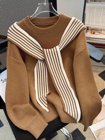 女式纯色长袖圆领毛衣，秋冬时尚休闲航海条纹撞色围巾装饰宽松针织套头衫