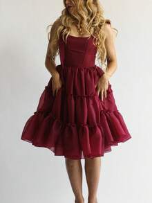 Tulle Prom Dresses Ruffled Trim Tie Back Sleeveless Long Formal Evening Dresses For Women A-Line Open Back Cocktail Ball Gown - 酒紅色 - 查看 4