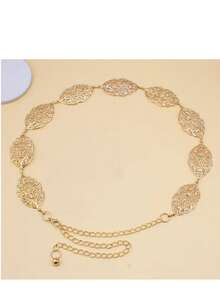 1pc Women's Solid Color Bohemian Style Hollow Leaf Decor Alloy Adjustable Waist Chain, Versatile Accessory - Leaf Style - View 3