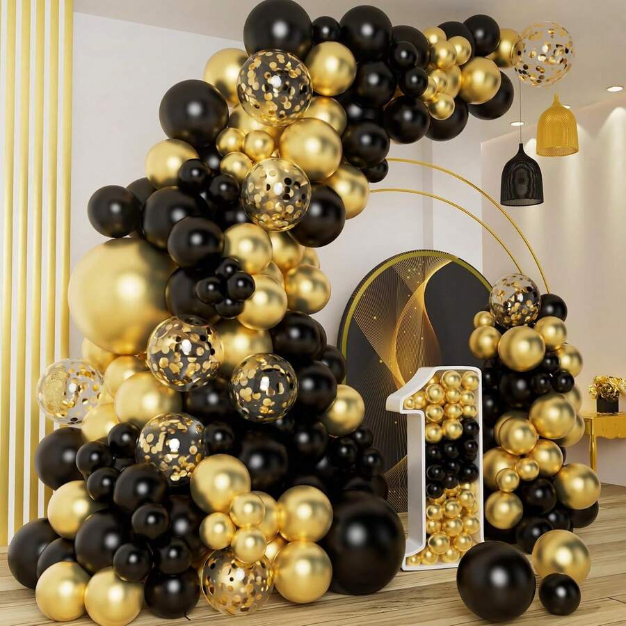 142Pcs Black And Gold Balloons Garland Arch Kit With Black Gold Confetti Balloons For Happy New Year Decorations 2026 Birthday Graduation Party Supplies - Multicolor - View 1