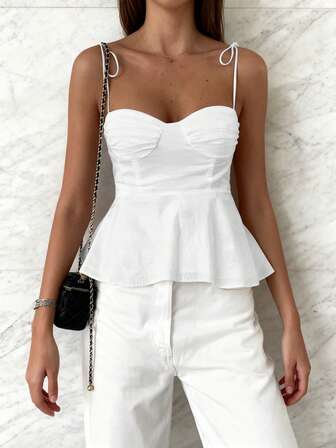 1 件女式休闲无袖上衣，荷叶边下摆，优雅法式简约纯色白色管状短款吊带背心，修身度假通勤适用轻盈肩带吊带衬衫系带背心，Y2K 性感娃娃装紧身曲线上衣外出，春夏秋季