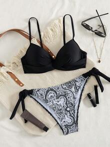 夏季沙滩性感热带印花细肩带钢圈加厚分体比基尼套装，两件式泳衣，适合度假和温泉穿着 - 黑色 - 查看 6