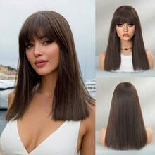 7JHH WIGS High Quality 16-Inch Shoulder Length Straight Brown Wigs For Women - Elegant Linen Brown Wig With Bangs, Soft Silky Heat-Resistant Synthetic Fiber Hairpiece For Daily Wear, Perfect For Holidays Cosplay & Music Festival Use, Graduation Gift & Mother's Gift Wig Accessory - 棕色 - 查看 11