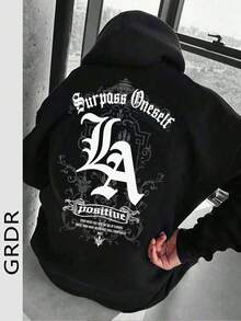 GRDR 男士哥特式文字印花休闲宽松连帽卫衣，秋冬款 - 黑色 - 查看 2