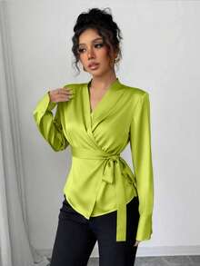 Western Inspired Shiny Fabric Side Tie And Puff Sleeve Versatile Stylish Women Shirt Fall Cloth For Women - Lime Green - View 5