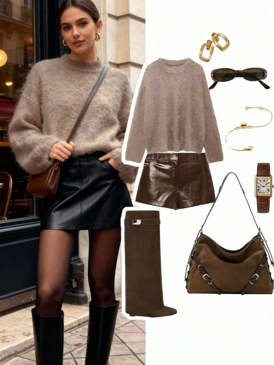 女士优雅纯色休闲简约落肩圆领宽松马海毛毛衣，女士外出上衣，棕色上衣，女士冬季毛衣 - 棕色 - 查看 1