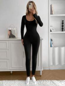 黑色U领长袖连体裤（适合春秋季） - 黑色 - 查看 5