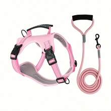 反光可调节狗狗胸背带和牵引绳套装，透气网眼宠物背心，带加厚手柄和牵引绳，让狗狗户外散步更舒适 - 适合中大型犬 - 适合夜间散步和户外探险 - 送给狗主人的完美礼物