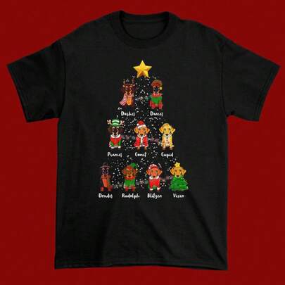 Christmas Deer Dachshund Dog Santa Hat Black Unisex Shirt S-5XL