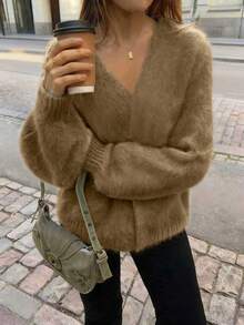 FOR BEAUTY 秋冬新款纯色休闲宽松长袖针织衫，时尚优雅，简约大码开衫，柔软保暖，适合日常通勤，新年毛衣外套 - 中卡其 - 查看 7