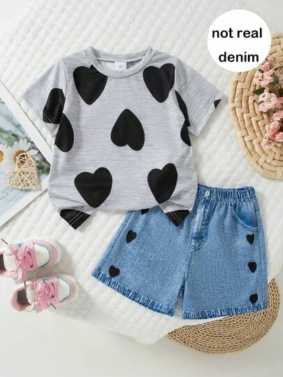 2pcs/Set Girls Casual Heart Print Short Sleeve Top T-Shirt And Shorts Set, Summer