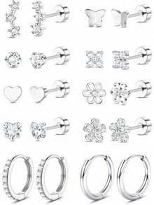 Flat Back Earrings For Women Hypoallergenic Surgical Stainless Steel Earrings For Sensitive Ears 14K Gold Plated Heart Flower Stud Earring Set Age:Over 4 Years Old - Nhiều màu - Xem 1