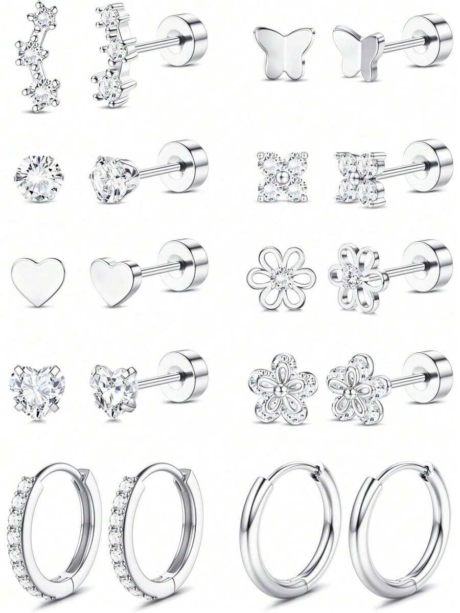 Flat Back Earrings For Women Hypoallergenic Surgical Stainless Steel Earrings For Sensitive Ears 14K Gold Plated Heart Flower Stud Earring Set Age:Over 4 Years Old - Nhiều màu - Xem 1
