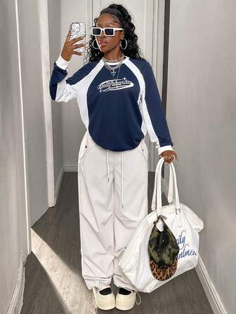 レディース カジュアル ルーズフィット コントラストカラー プリント 長袖スウェットシャツ、秋冬ストリートウェア