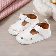 Baby Girls Mary Jane Flats Cute Crystal Pearl Infant Dress Shoes Non-Skid Newborn Crib Shoes - trắng - Xem 5