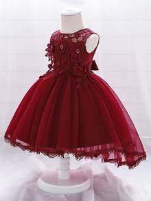 女童纯色蕾丝薄纱蓬蓬裙，优雅奢华，适合学校舞会和时装秀，不含头饰 - 酒紅色 - 查看 4