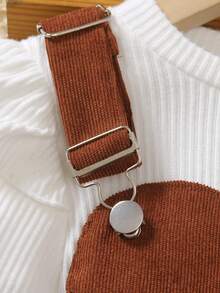 2pcs/Set Toddler Girls' Solid Color Versatile Outfit, Includes White Long Sleeve Crew Neck Top And Adorable Brown Corduroy Overalls, Suitable For Spring And Autumn - Brown - View 3