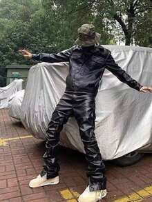Dark Punk Niche Design, Shiny Pleated PU Leather Pants, Men's Ins Hip-Hop Loose Casual Pants - màu đen - Xem 2